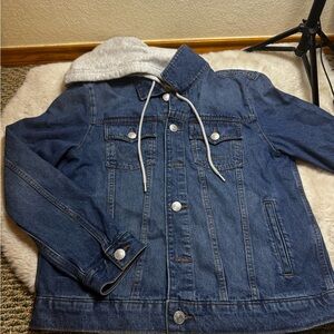 Men's Blue Denim Jacket with Grey Hood